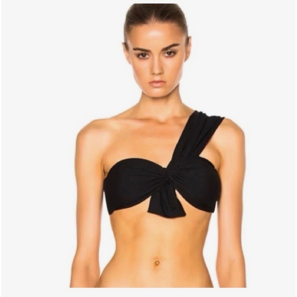 Marysia Venice Bow Black Crinkle Smocked Bikini Top Tie M Quiet Luxury Beach